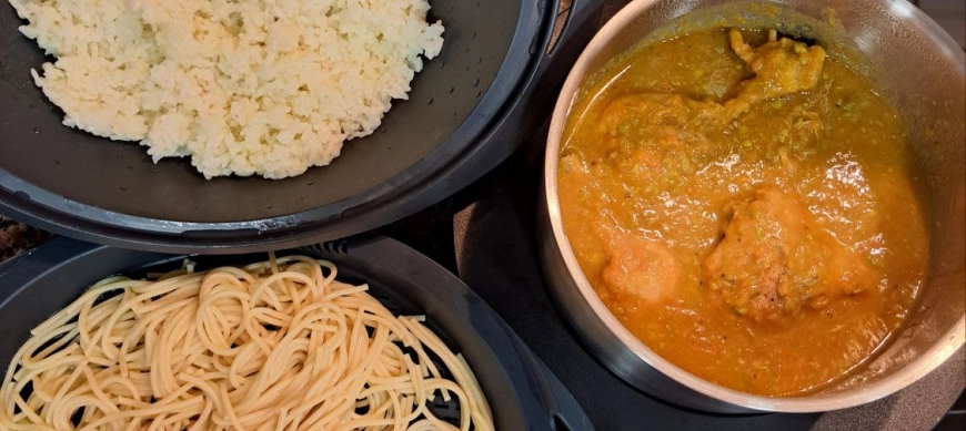 MENÚ COMPLETO : Pollo a la cerveza, arroz blanco y espaguetis