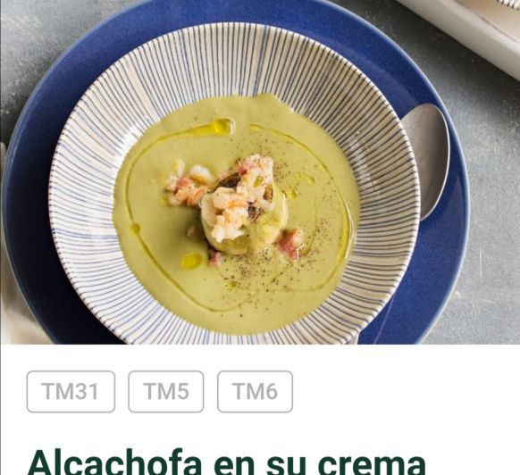 Alcachofas en su crema con gambas y jamon